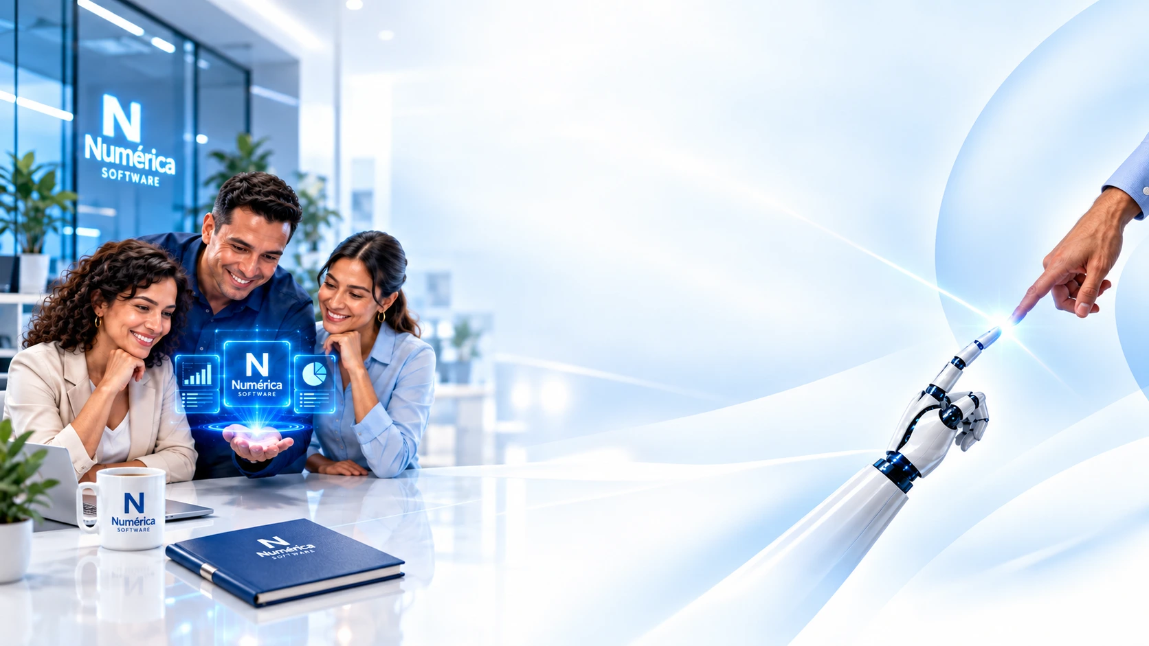 Equipo empresarial con tecnología y elementos de marca de Numérica Software