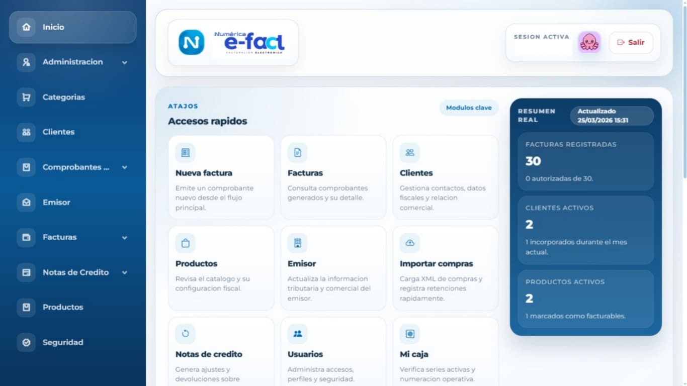 Dashboard de E-FACT con documentos, clientes y reportes